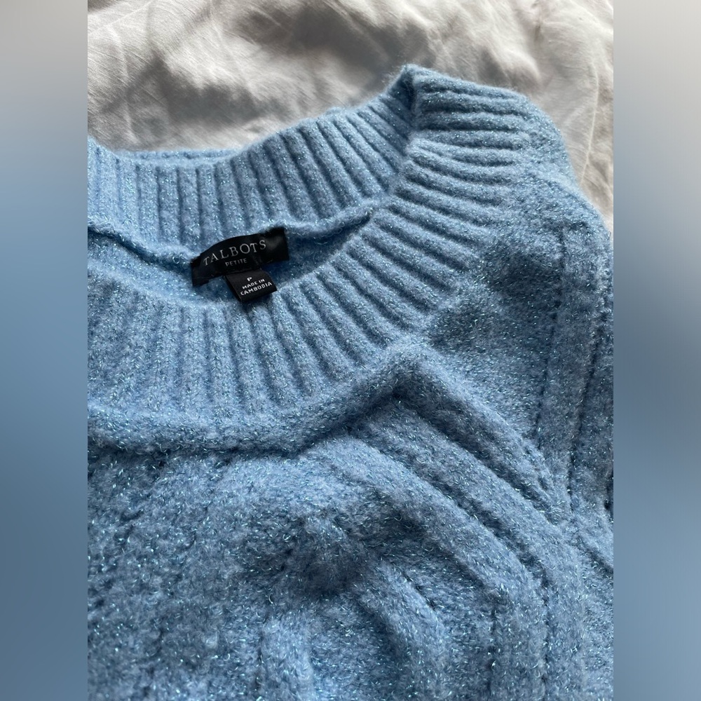 Open Cable Knit Bateau-neck Blue Metallic Sweater Talbots
